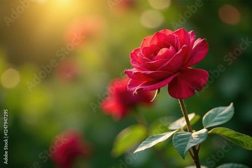 Mature red rose bush with long stems and full bloom in sunlight, colors, garden, light