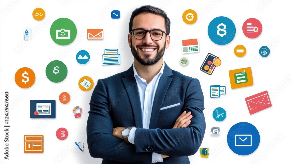 Confident Professional with Business Icons in Modern Setting Confident Professional with Business Icons in Modern Setting