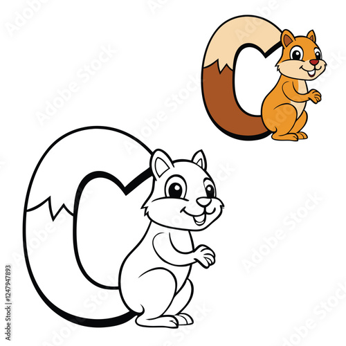 Cute coloring page of the letter "C" with a cheerful chipmunk. Perfect for kids to learn and have fun coloring! Bold lines and playful design make it easy to enjoy.