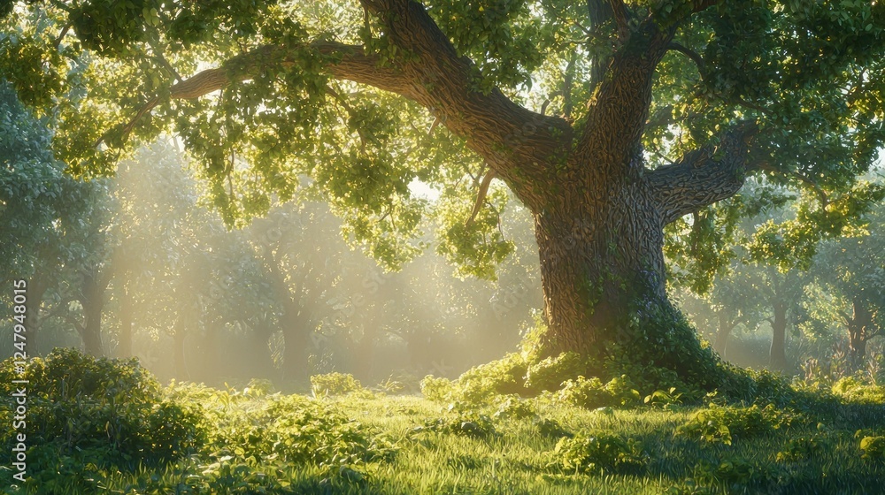Fototapeta premium Majestic Oak Tree in a Sunlit Forest