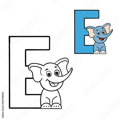 A fun coloring page featuring the letter "E" alongside a cute elephant. Perfect for kids to learn the alphabet while enjoying creative coloring!