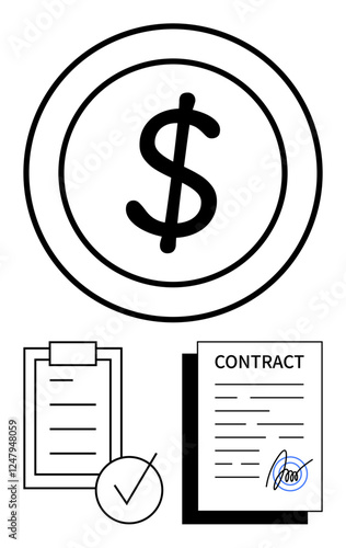 Dollar icon paired with signed contract, checklist, and approval tick symbol. Ideal for legal services, finance, transactions, business deals, compliance processes, financial planning abstract line