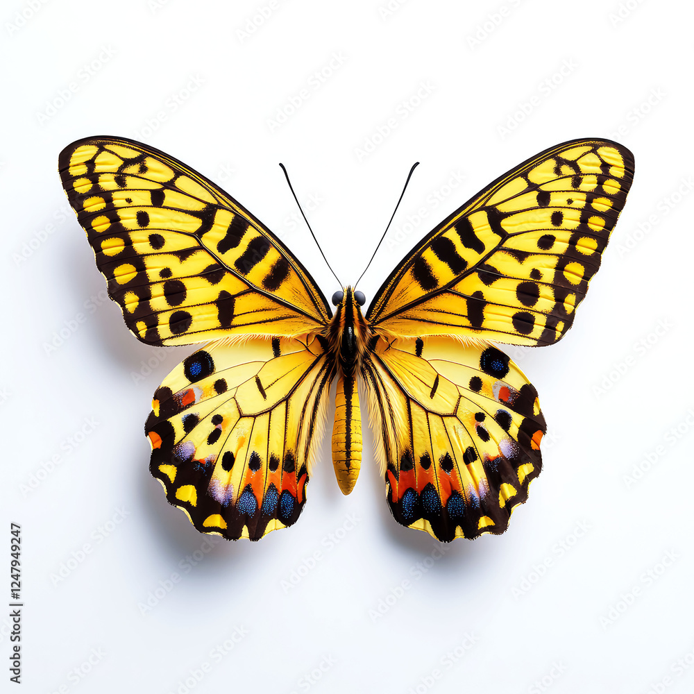 Close-up of a Vibrant Yellow Butterfly with Intricate Wing Patterns on a White Background Close-up of a Vibrant Yellow Butterfly with Intricate Wing Patterns on a White Background