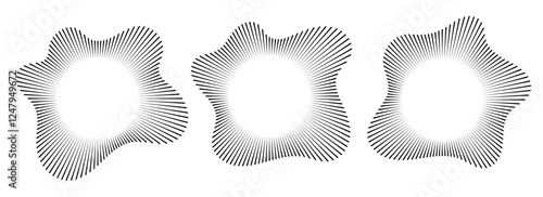 Sound wave, circular equalizer icons, round music soundwave shape, concentric energy burst. Vector illustration.