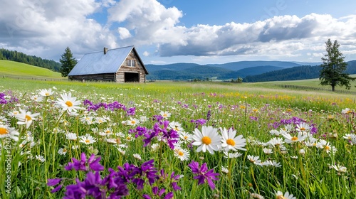 Colorful Meadow With Flowers And A Small House photo