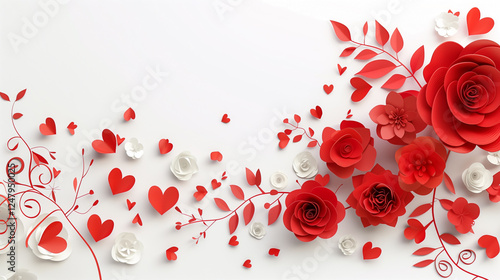  Happy valentine's day background with paper cut red hearts and flowers design