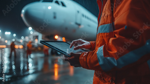 A ground crew member checks data on a tablet near an airplane at night.