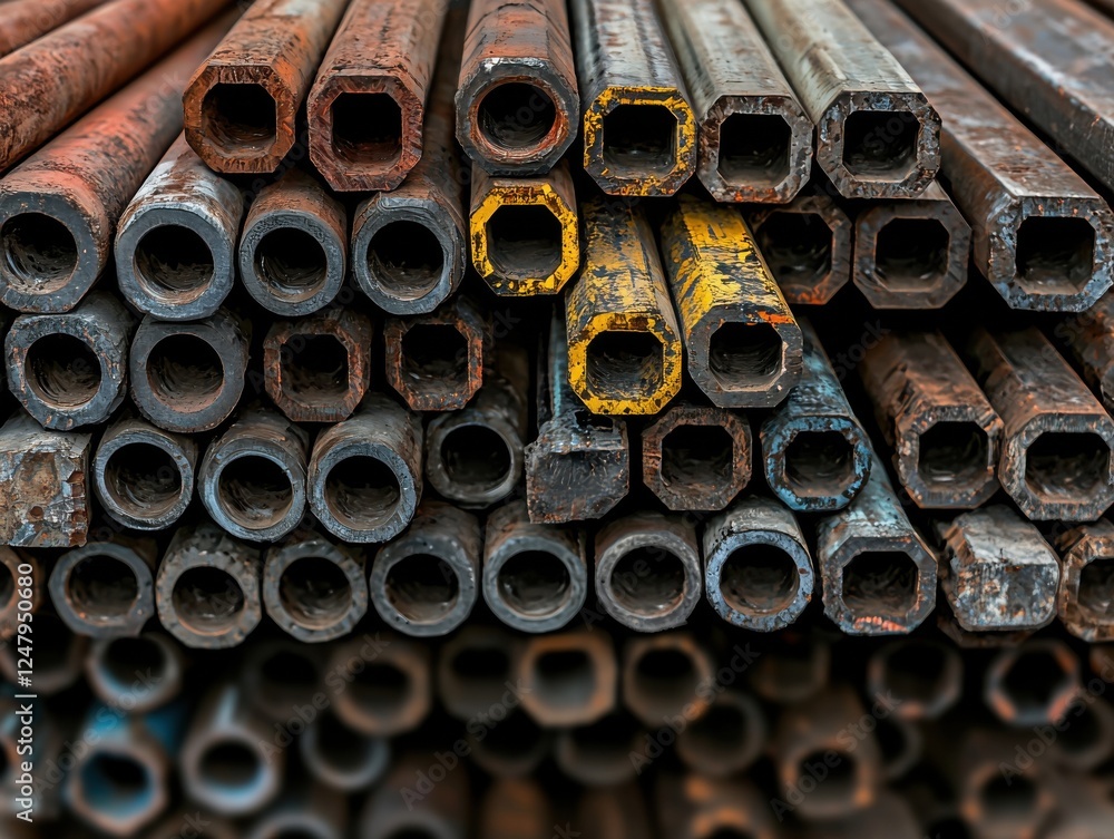 Close-up of stacked metal pipes in different colors and textures. Close-up of stacked metal pipes in different colors and textures.