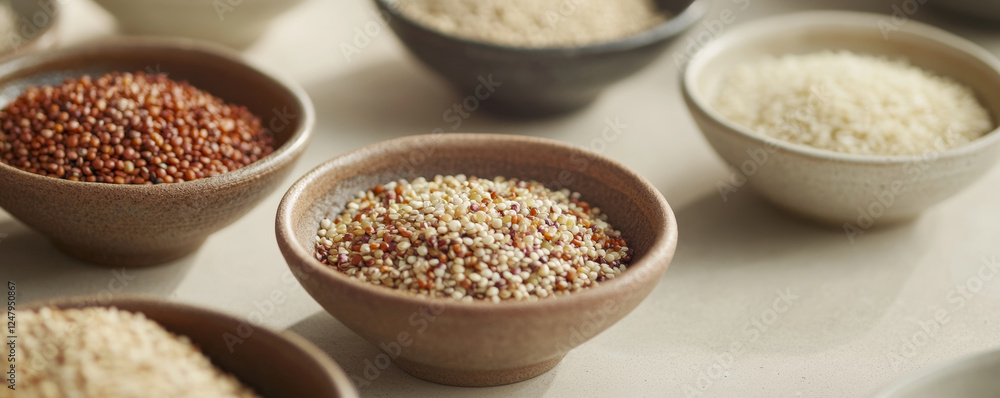 Close up of mixed grains in small bowls, showcasing variety of textures and colors. This highlights beauty and diversity of grains, perfect for culinary inspiration Close up of mixed grains in small bowls, showcasing variety of textures and colors. This highlights beauty and diversity of grains, perfect for culinary inspiration