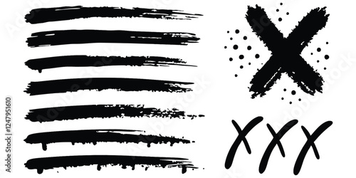 Collection of Black Ink Brush Strokes, Splashes, and Grunge Elements – Abstract Paint Strokes, Ink Splatters, and Artistic Marks on a White Background for Creative Design by AI and Texture Effects