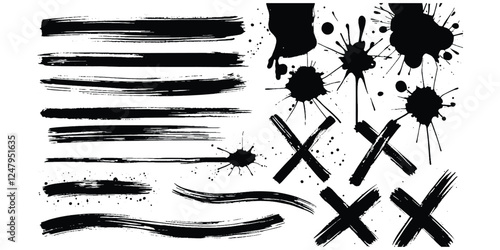 Collection of Black Ink Brush Strokes, Splashes, and Grunge Elements – Abstract Paint Strokes, Ink Splatters, and Artistic Marks on a White Background for Creative Design by AI and Texture Effects