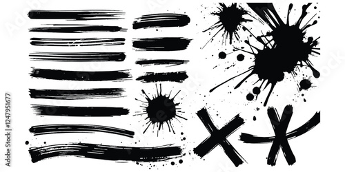 Collection of Black Ink Brush Strokes, Splashes, and Grunge Elements – Abstract Paint Strokes, Ink Splatters, and Artistic Marks on a White Background for Creative Design by AI and Texture Effects