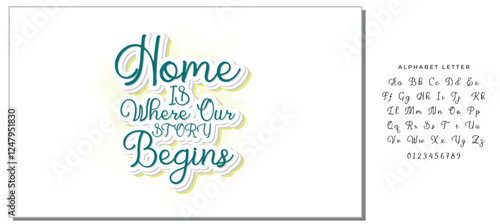 Home is where our story begins. Hand drawn lettering family quote. Vector typography for prints, home, kids room decor, housewarming