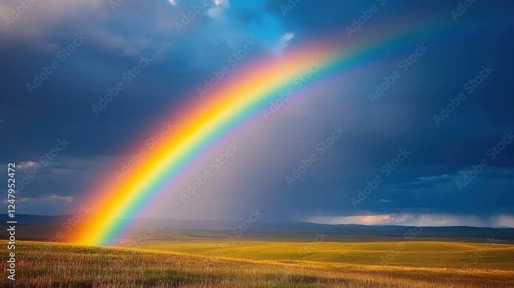 Vibrant rainbow arching over a vast, grassy field after a summer storm. Vibrant rainbow arching over a vast, grassy field after a summer storm.