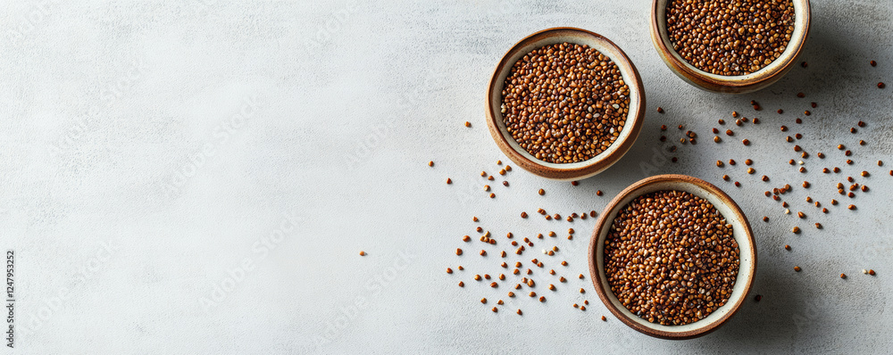 Bowls filled with brown mustard seeds on textured surface, showcasing their natural color and texture. Perfect for culinary use or healthy recipes Bowls filled with brown mustard seeds on textured surface, showcasing their natural color and texture. Perfect for culinary use or healthy recipes