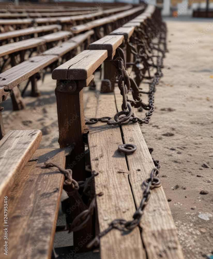 Weathered wooden bleachers with worn seats and rusty chains, old sports equipment, stadium nostalgia, fading memories, chain link fencing, rustic charm. Weathered wooden bleachers with worn seats and rusty chains, old sports equipment, stadium nostalgia, fading memories, chain link fencing, rustic charm.