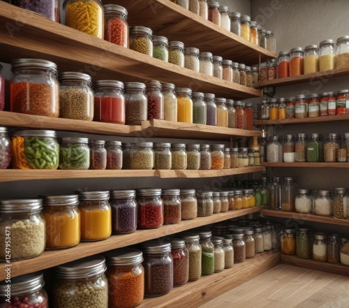 Wallpaper Mural Well organized pantry shelves with glass jars of colorful spices and herbs, colorful, shelves, herbs, labels Torontodigital.ca