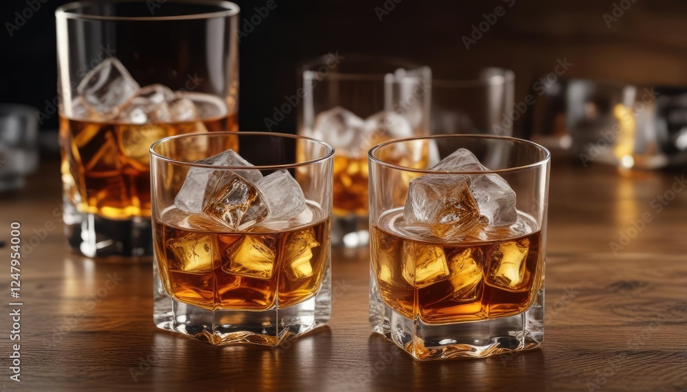Whiskey glass on a wooden table with ice cubes , whiskey, alcoholic drink Whiskey glass on a wooden table with ice cubes , whiskey, alcoholic drink
