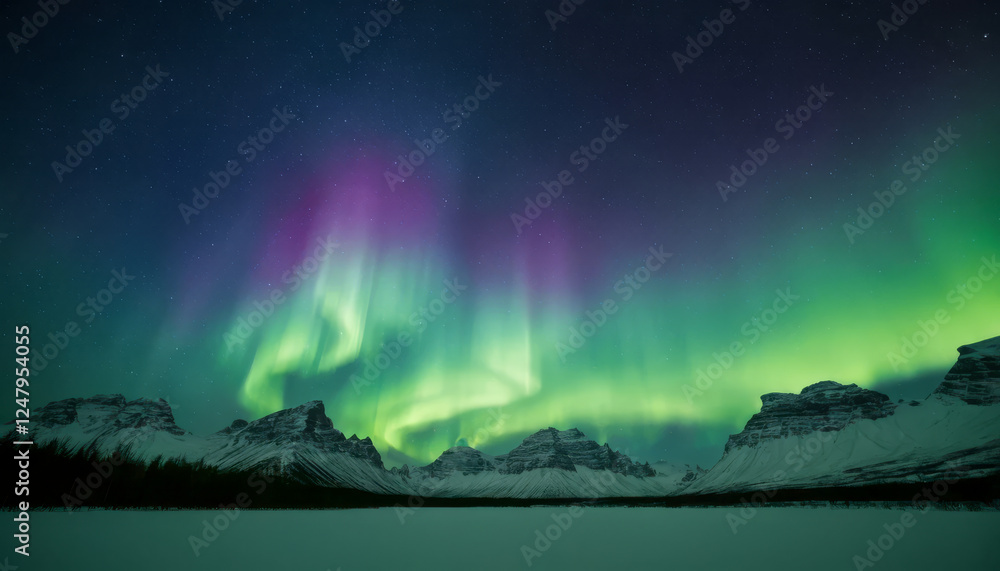 Northern lights aurora borealis over snowy mountain landscape at night with starry sky, vibrant green and purple colors, winter nature scene Northern lights aurora borealis over snowy mountain landscape at night with starry sky, vibrant green and purple colors, winter nature scene