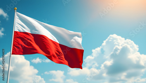 Poland flag waving proudly in a clear blue sky