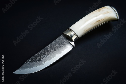 Elegant damascus steel knife with bone handle. Perfect for websites selling hunting, survival, or outdoor gear. photo