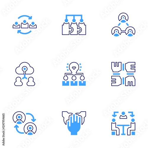Collaboration icon set. Bold line style. Duotone colors. Editable stroke. collaborate, team, synergy, collaboration, idea, puzzle, intermediary