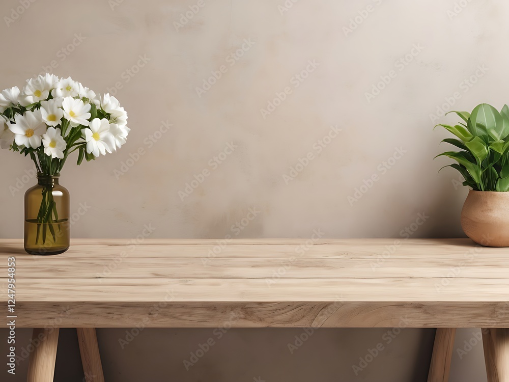 nature wooden display table mockup with flower for product advertising copy space generative nature wooden display table mockup with flower for product advertising copy space generative