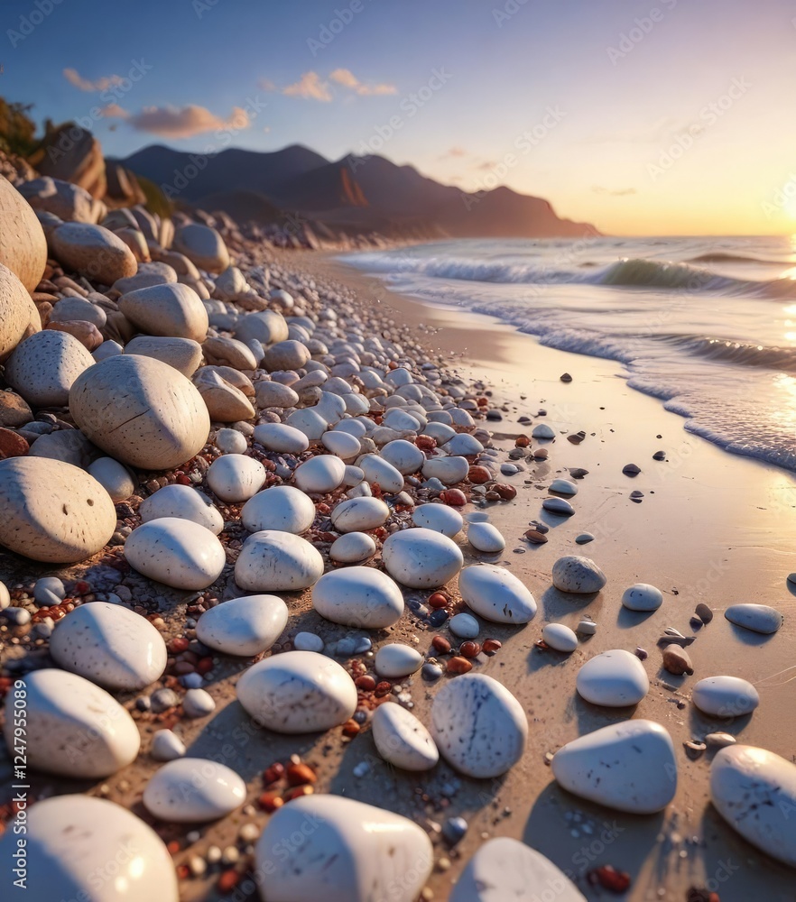 White marble pebbles scattered on the beach at sunset, natural wonders, coastal rocks, beach pebbles White marble pebbles scattered on the beach at sunset, natural wonders, coastal rocks, beach pebbles