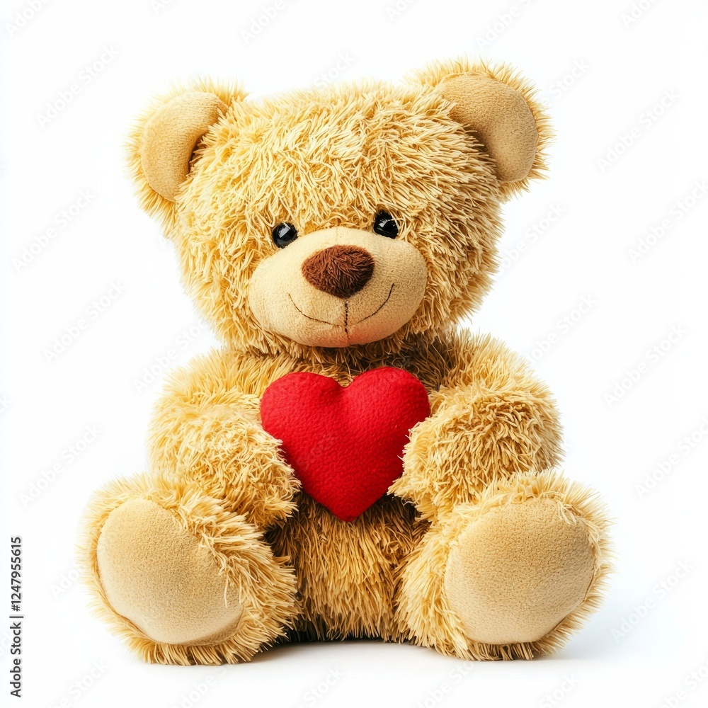 Obraz premium A plush teddy bear with soft golden fur, holding a tiny red heart, on isolated white background