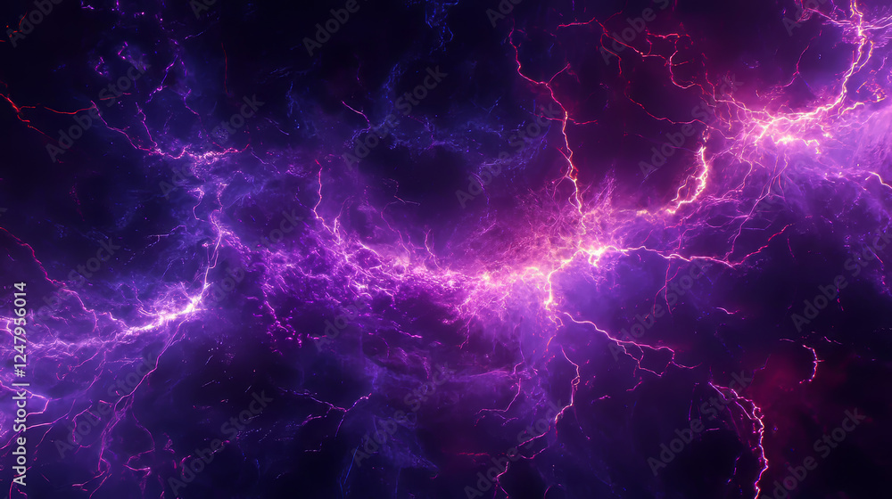 Fototapeta premium Lightnings, purple thunderbolt strikes at night. Electric impact effects, thunderstorm sparking discharges isolated on transparent background, vector realistic illustration