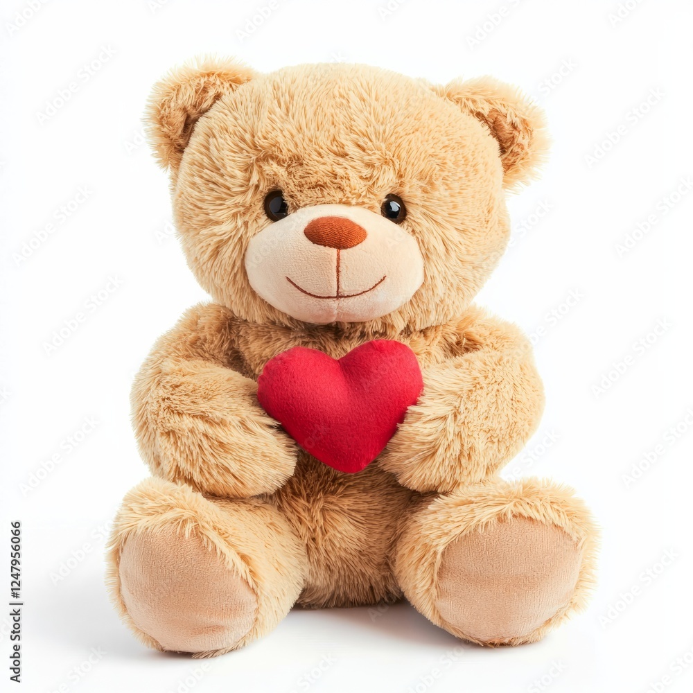 Obraz premium A plush teddy bear with soft golden fur, holding a tiny red heart, on isolated white background