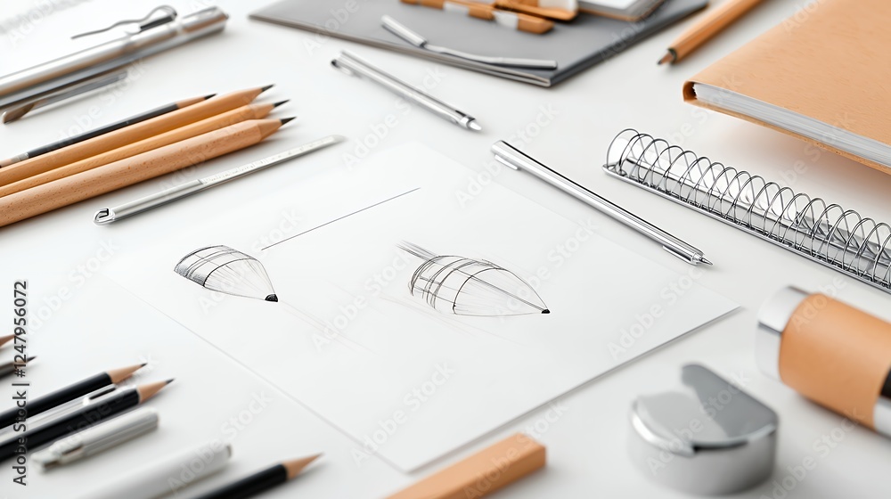 Organized Workspace With Stationery And Drawings Organized Workspace With Stationery And Drawings