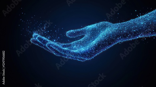 Glowing digital hand offering particles.
