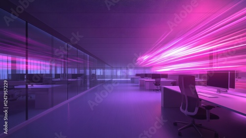 Futuristic Office Interior with Neon Lighting and Dynamic Motion Effects
