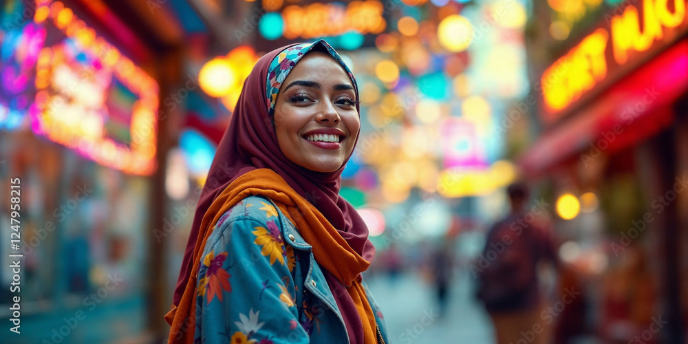 Fototapeta premium Beautiful muslim woman isolated against a city background business woman smiling in front of an office buildings. Young woman wearing a hijab. generative AI
