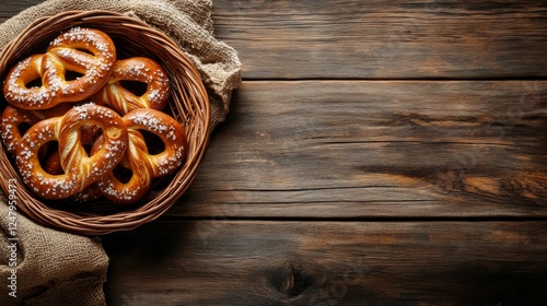 top view a basket of baked pretzels on an old wooden table 