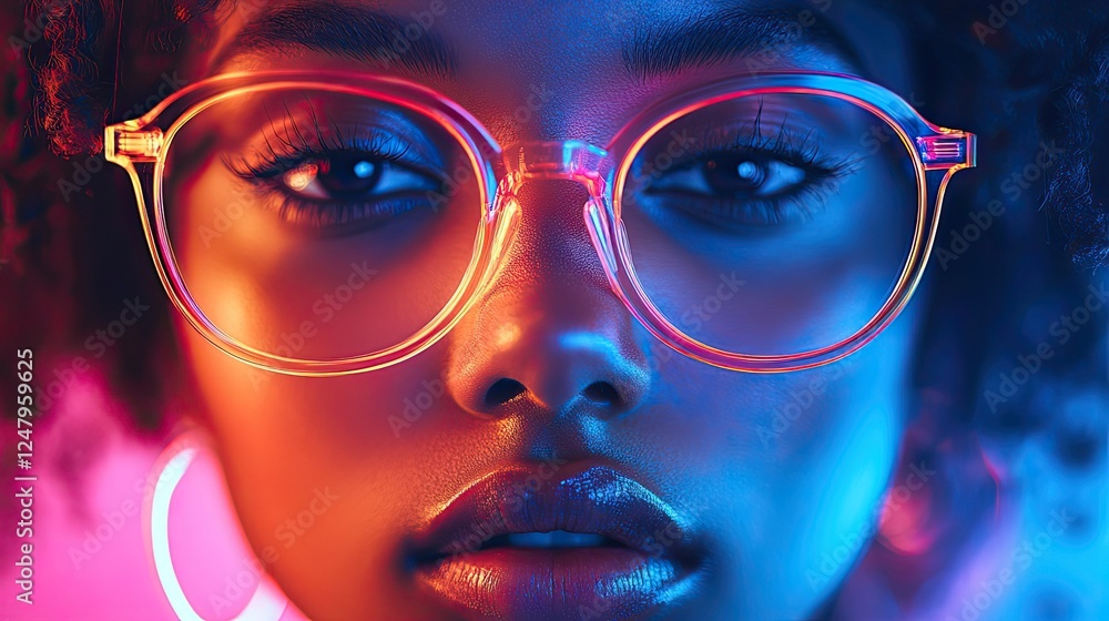 Close up of a person with neon lights reflecting in their glasses, creating a vibrant, futuristic atmosphere with a cyberpunk aesthetic. Close up of a person with neon lights reflecting in their glasses, creating a vibrant, futuristic atmosphere with a cyberpunk aesthetic.