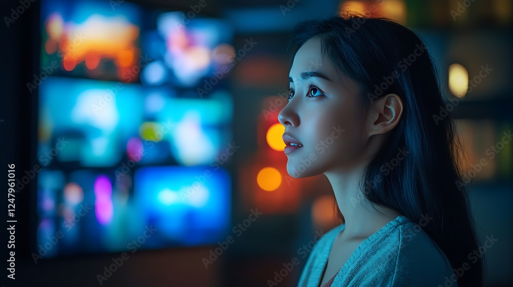 Woman looking at colorful digital displays in a dimly lit room Woman looking at colorful digital displays in a dimly lit room