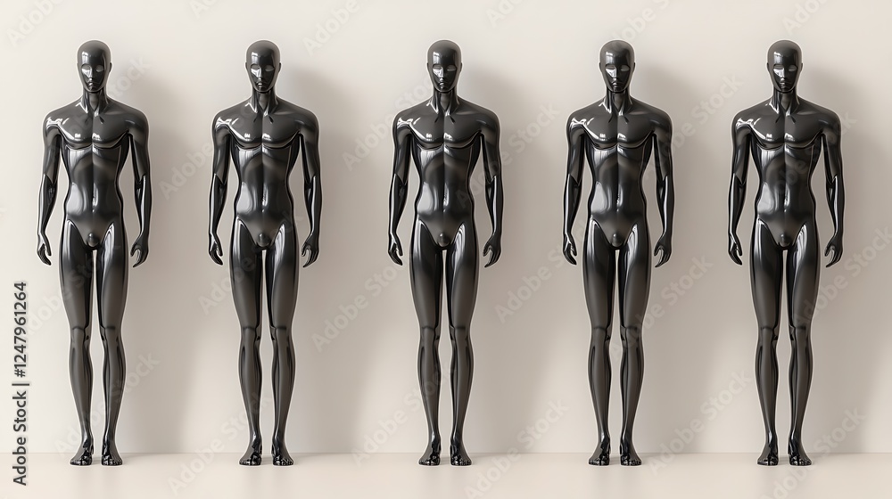 Mannequins in a row against a white wall Mannequins in a row against a white wall