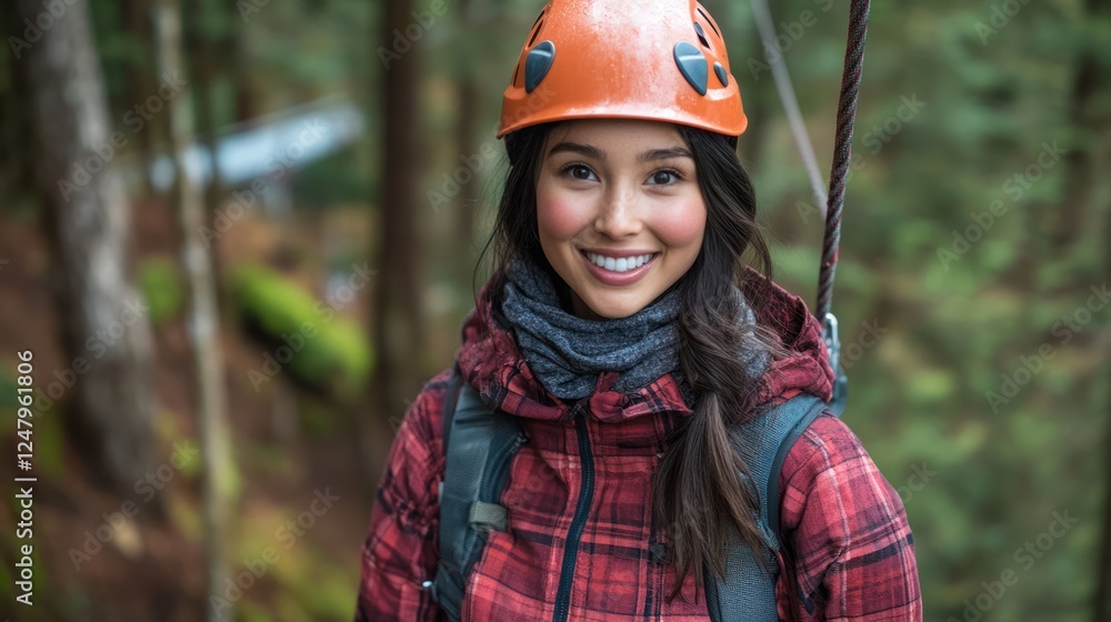 Smiling woman in a helmet, ready for ziplining in a forest. Smiling woman in a helmet, ready for ziplining in a forest.