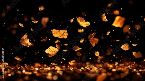 Golden leaves fall, black background, bokeh