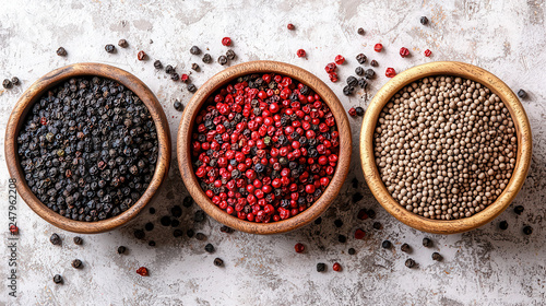 A vibrant display of three different types of peppercorns in wooden bowls, showcasing the rich colors and textures, perfect for culinary themes. Copy space for text 