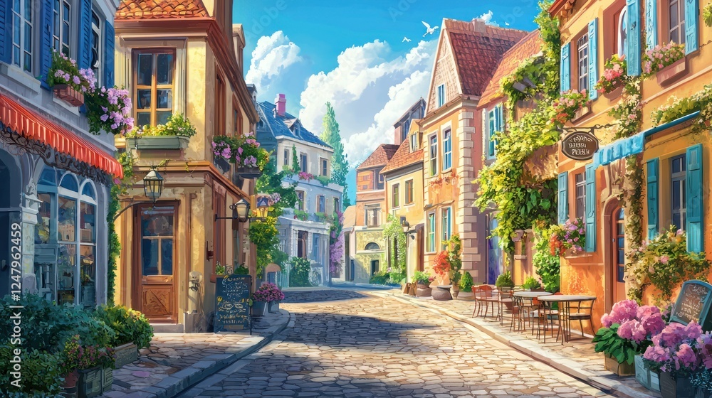 Fototapeta premium Charming European Village Street Scene: A Sunny Day in a Quaint Town
