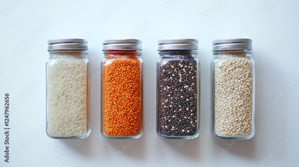 Minimalist flat lay of various grains in glass jars, including quinoa, lentils, and seeds, showcasing clean and organized kitchen aesthetic Minimalist flat lay of various grains in glass jars, including quinoa, lentils, and seeds, showcasing clean and organized kitchen aesthetic
