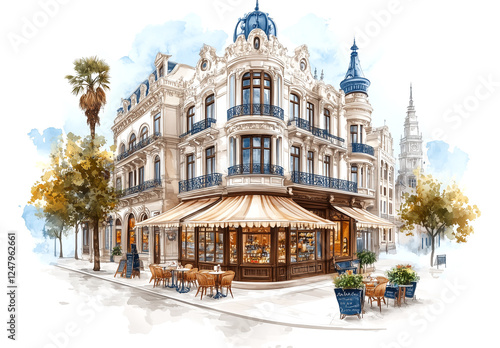 A street scene with a cafe and a building with a balcony. The cafe has awnings and awnings over the tables