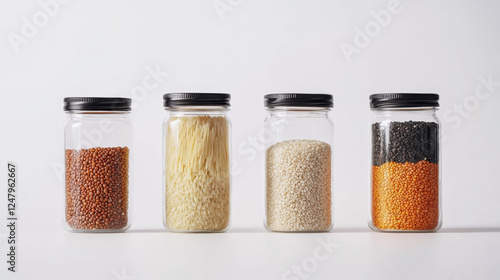 Minimalist flat lay of various grains in glass jars, including lentils, quinoa, sesame, and black beans, showcasing clean and organized kitchen aesthetic