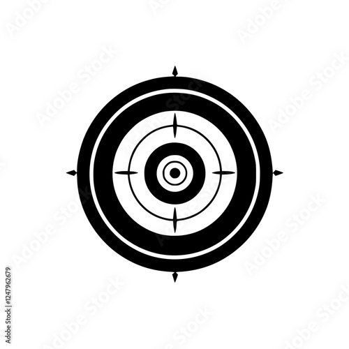 Black Bullseye Target Vector, Circular Design with Compass Points, Isolated on White.