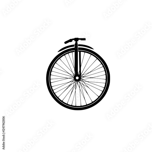 Bike Wheel Silhouette: Front-view, black and white bicycle wheel illustration, minimalist, isolated on white background, with handlebars.