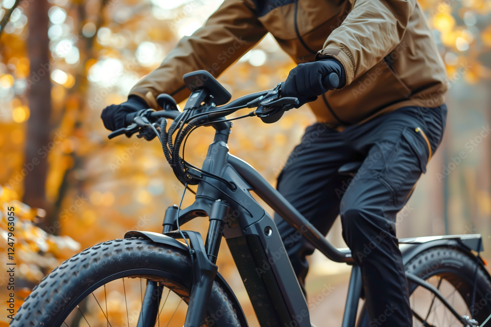 Close up of a man riding an e-bike Close up of a man riding an e-bike