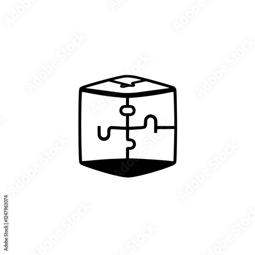 Cube-shaped puzzle logo with a minimalist, geometric style, featuring puzzle piece.